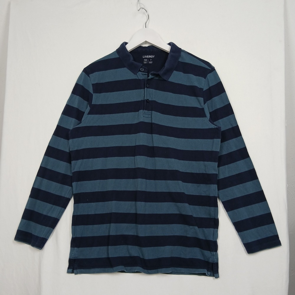 Livergy Striped Long Sleeve Polo Shirt Navy Teal Blue Size Large